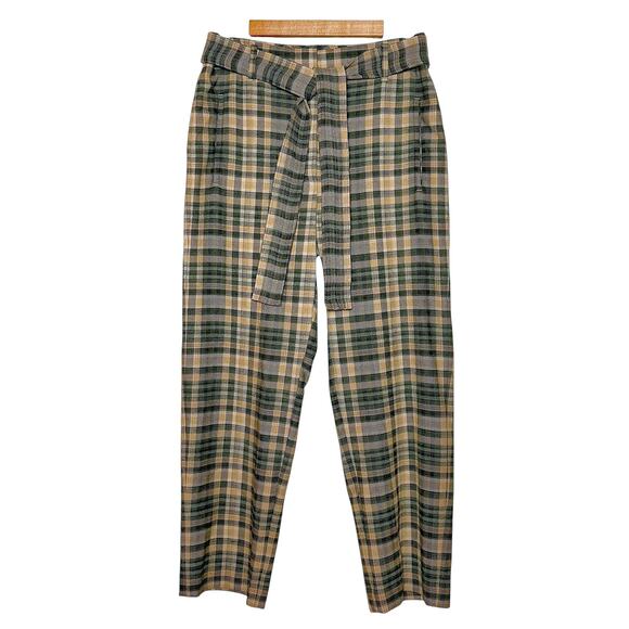 Wilfred Jallade High-Waisted Belted Textured Twill Pants - Green Plaid - 10 - Picture 1 of 8